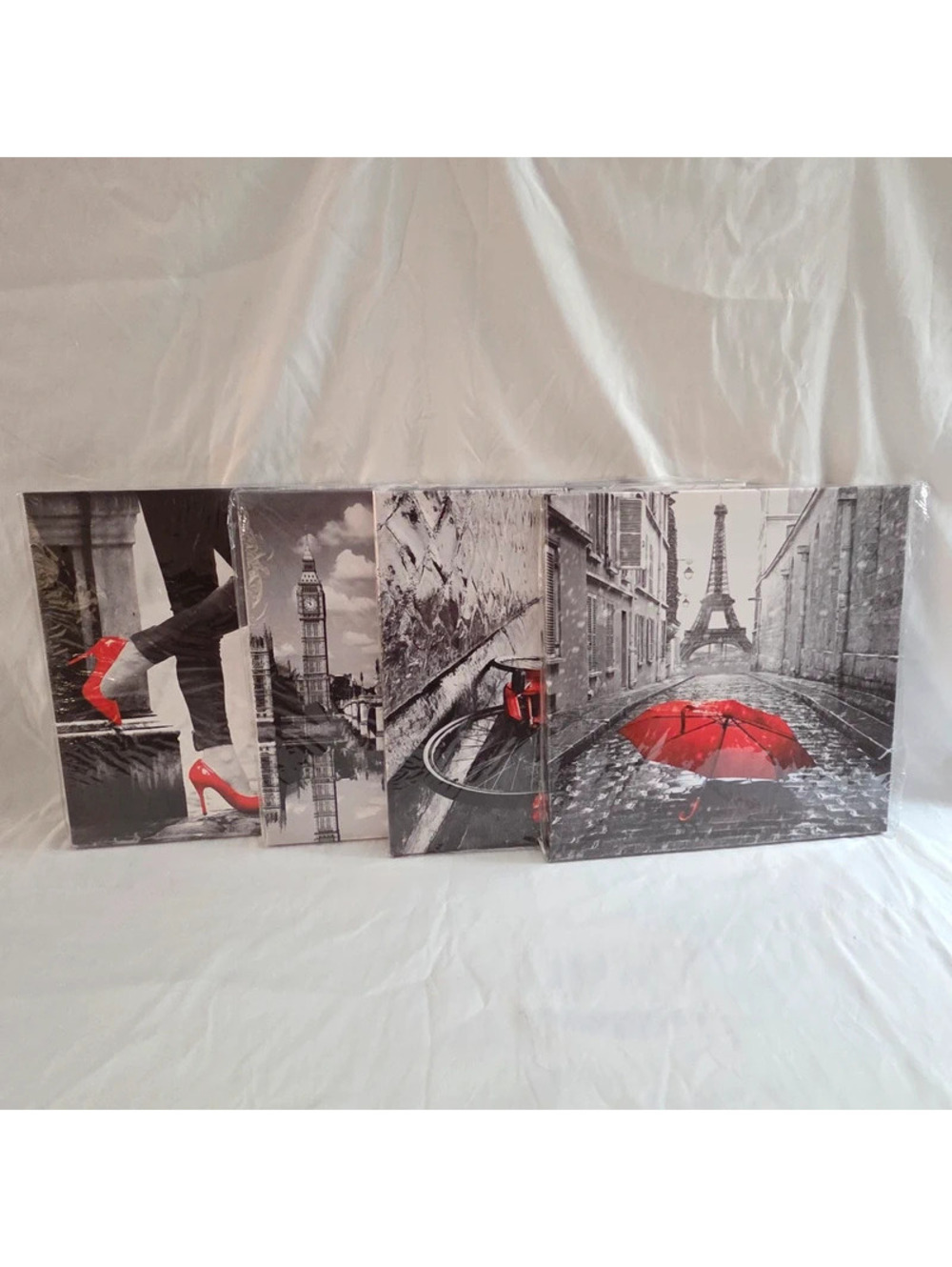 Black and White with Red Accent Canvas Wall Art Set of 4
